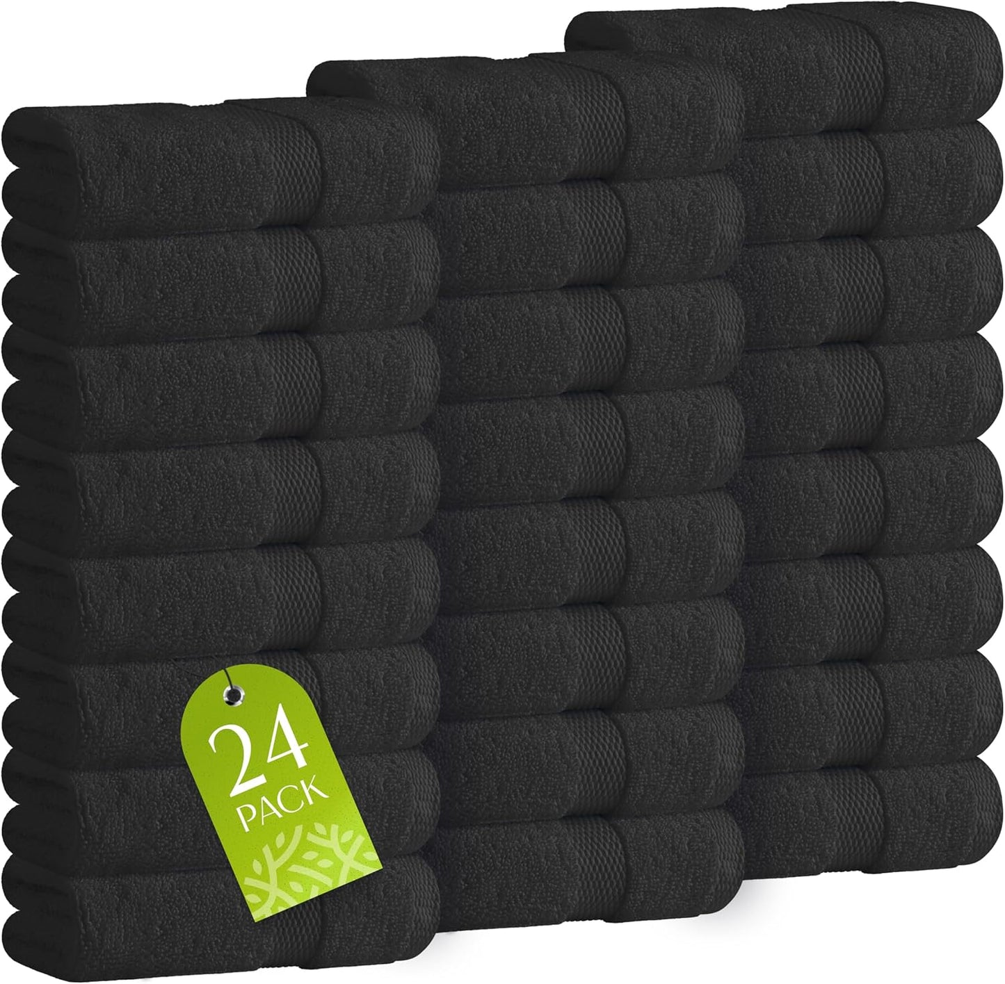 24 Pack 600 100% 12x12 Inches White Classic Wealuxe Black Washcloths - GSM Ring-Spun Cotton Wash Cloths for Showering