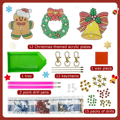 NewFamily 12 PCS 5D Winter Diamond Art Ornaments Kits for Adults, DIY Gem Art Kit with Keychains, Begginer Diamond Painting Crafts for Holiday Decorations