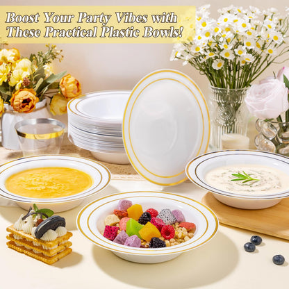 BESTSTAR 50 Pack Disposable Soup Bowls with Gold Rim, 12oz Premium Heavy Duty Plastic Dinner Bowls for Party, Wedding and Holiday