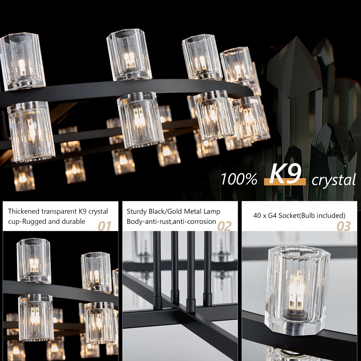 SHEKAITAO 48" Black Wagon Wheel Crystal Chandelier, Modern Round Chandelier for Dining Room Table, K9 Crystal Ceiling Chandelier for Living Room Entryway Foyer, Includes 40× G4 Bulbs