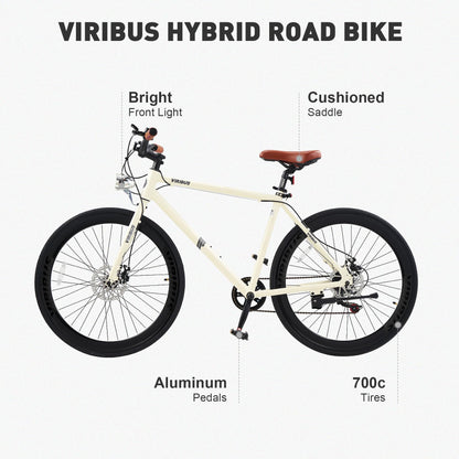 VIRIBUS Hybrid Bikes, 28 inch Mens Bike with Lightweight Aluminum Frame & Disc Brakes, 700C Bikes for Tall Men, 7 Speed Vintage Retro Hybrid Bicycles for City Commuters, Mens Road Bike Cream