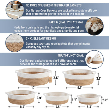NaturalCozy 5-Piece Round Small Woven Baskets Set– Cotton Rope Baskets for Organizing! Montessori Toys, Fruits Remotes Key Tray Bowl for Entryway Desk, Shallow Catchall Home Décor, Cat Dog Bin Gift
