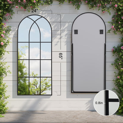 Arched Window pane Full Length Mirror 24"x65", Full Body Standing Mirror, Window Shaped Farmhouse Style with Aluminum Frame, Decor Wall Mirrors for Living Room, Courtyard, Bedroom, Entryway, Black