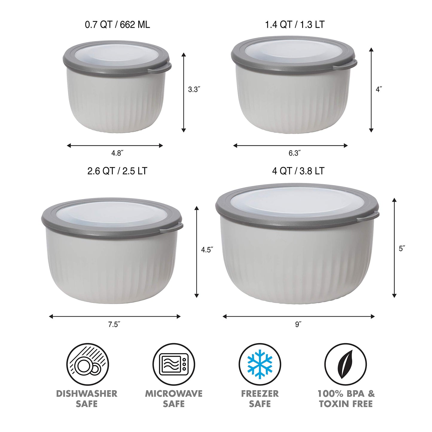 Oggi Prep, Store & Serve Plastic Bowl w/See-Thru Lid- Dishwasher, Microwave & Freezer Safe, (2.6 qt) Lt Gray w/Dk Gray Lid