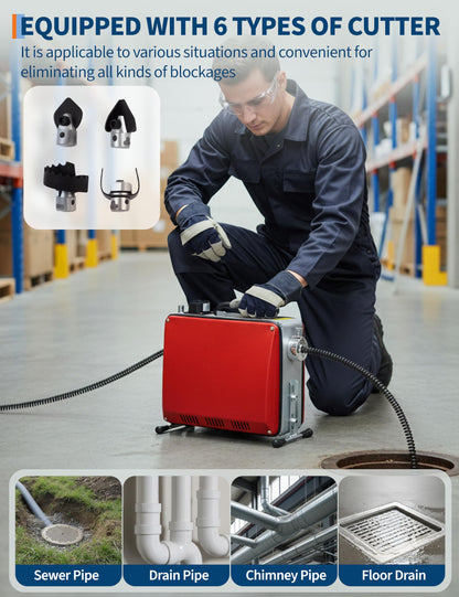 GarveeTech Portable Electric Drain Cleaner Machine, 66Ft x 5/8" & 16Ft x 3/8" Dual Cable Sewer Snake Auger with 6 Cutters for 1-4 Inch Pipes Clog Removal for Household & Professional Use