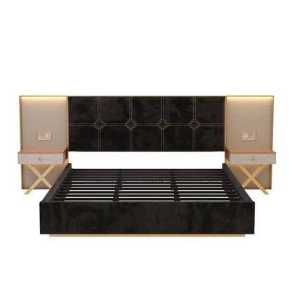 KEIKI King Bed Frame with Lights and Nightstands, Velvet Upholstered Platform Bed with Metal & Wood Frame, Built-in LED and Floating Bedside Tables, No Box Spring Needed, Black