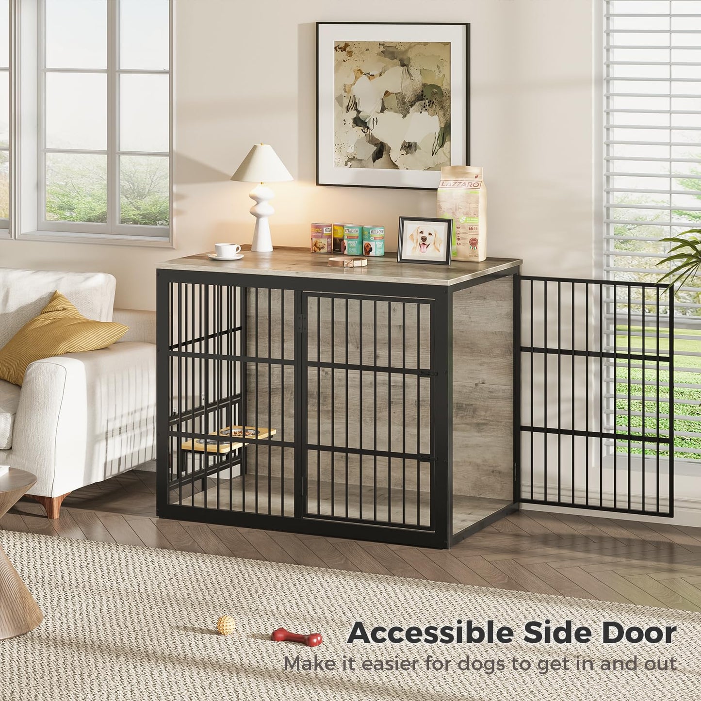 Lyromix 48'' XXL Dog Crate Furniture with Rotating Feeder, Large Wooden Crate End Table, Heavy Duty Indoor Kennel Cage for Medium to Large Dogs, Grey