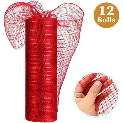 Timgle 12 Rolls 10 Inch Deco Mesh Ribbon for Wreath Making - 120 Yards Total, Metallic Mesh Foil Poly for Spring Summer Crafts, Home Door Wreaths DIY Supplies 30ft Each Roll(Modern Color)