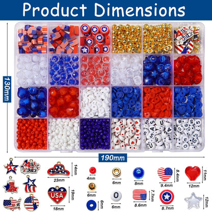 2360+ Pcs 4th of July Beads for Jewelry Making, Red White Blue Patriotic Bead Kit for Bracelets Necklace Craft Supplies Including Clay Charms USA Letter Beads Star Spacer Charms for Independence Day