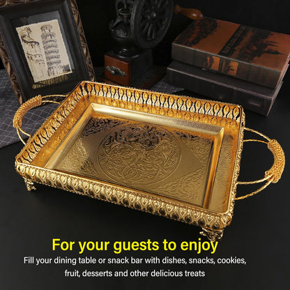 Decorative Serving Tray, Gold European Style Metal Serving Tray with Handles, Coffee Tea Beverage Serving Rectangle Tray, Cake Platter Serving Trays Food Platter Jewelry Tray