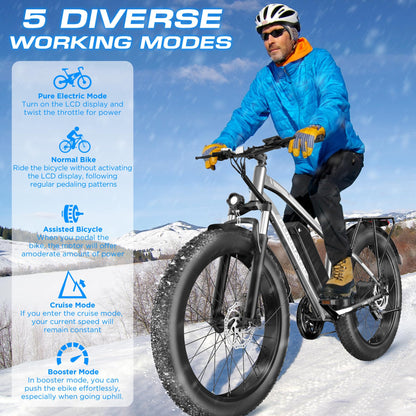 Funhang Electric Bike for Adults, 1000W Peak Ebike, 20MPH 60Miles Electric Mountain Bike, 26" Fat Tire Electric Bicycle with 48V 13AH Battery, Front Suspension,7 Speed, Rear Rack, UL 2849 Certified