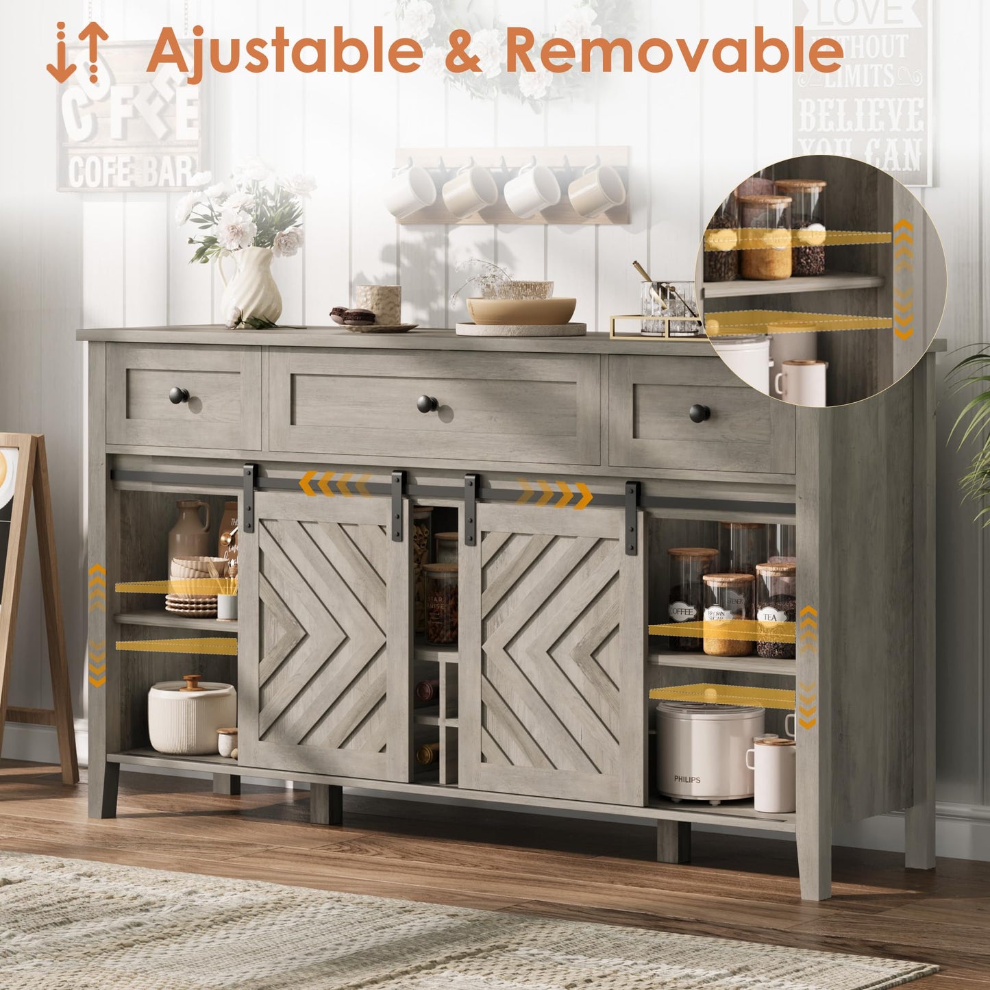 IDEALHOUSE 59'' Farmhouse Buffet Cabinet with Sliding Barn Door, 33.4'' Tall Wood Rustic Sideboard with 3 Drawer, Adjustable Shelf and Removable Wine Rack for Dining Room, Kitchen, Vintage