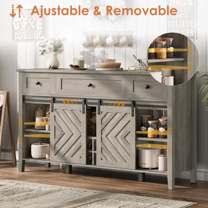 IDEALHOUSE 59'' Farmhouse Buffet Cabinet with Sliding Barn Door, 33.4'' Tall Wood Rustic Sideboard with 3 Drawer, Adjustable Shelf and Removable Wine Rack for Dining Room, Kitchen, Vintage