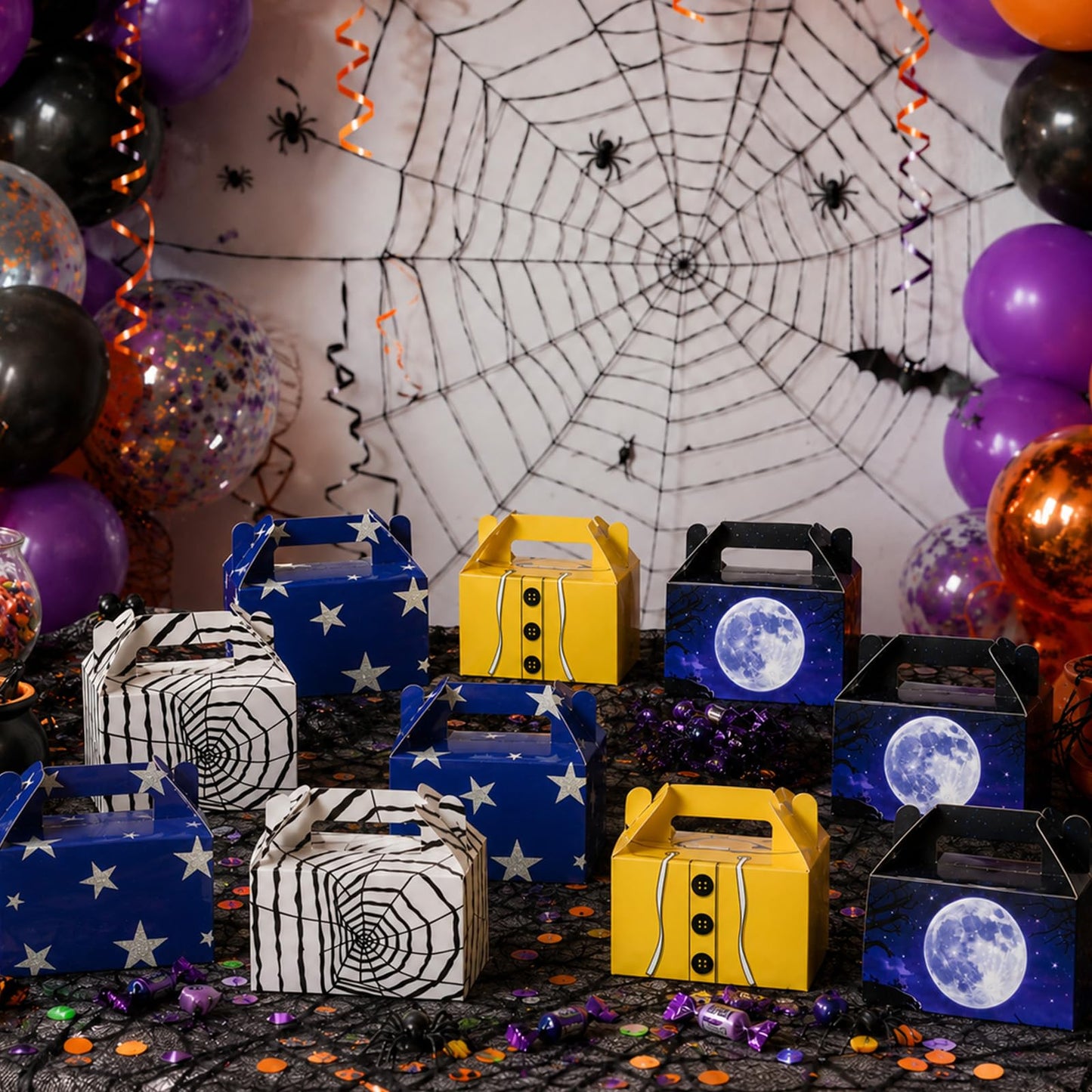 24 Pcs Spooky Themed Party Favor Boxes Cartoon Movie Theme Treat Paper Boxes Spider Star Moon Button Paper Box Halloween Supplies Spider Birthday Themed Favor Box for Celebration Party Supplies