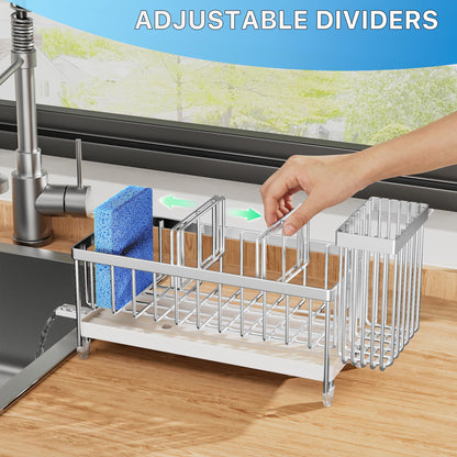 Cisily Sponge Holder for Kitchen Sink, Sink Caddy Organizer with High Brush Holder, Kitchen Countertop Organizers and Storage Essentials, Rustproof 304 Stainless Steel (Silver, 9.25″)