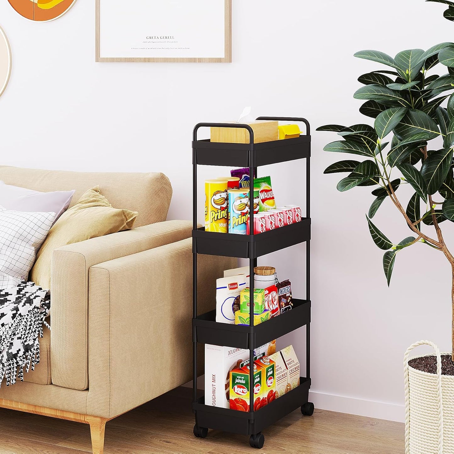 Buzowruil 4 Tier Rolling Storage Cart, Mobile Shelving Unit with Wheels for Kitchen Bathroom Laundry, Black