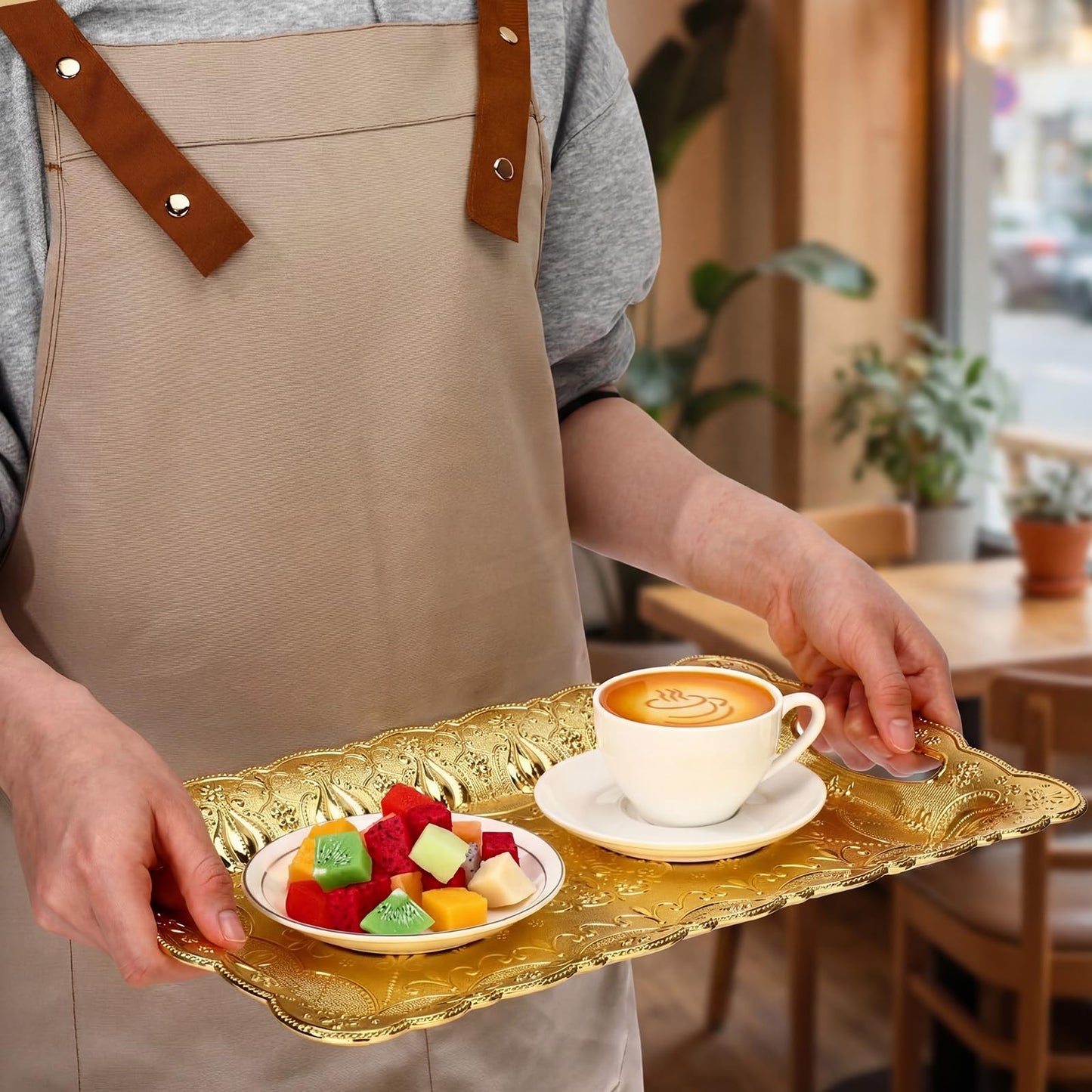 LemonRoad 6 Packs Plastic Gold Serving Trays with Handles 17 x 11 inch Retro 3D Embossed Rectangle Reusable Party Snack Decorative Serving Trays for Tea Coffee Fruit Dessert
