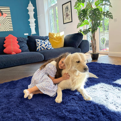 OLANLY 4x4 Soft Fluffy Shaggy Accent Rug - Machine Washable Indoor Carpet for Bedroom & Nursery, Navy Blue