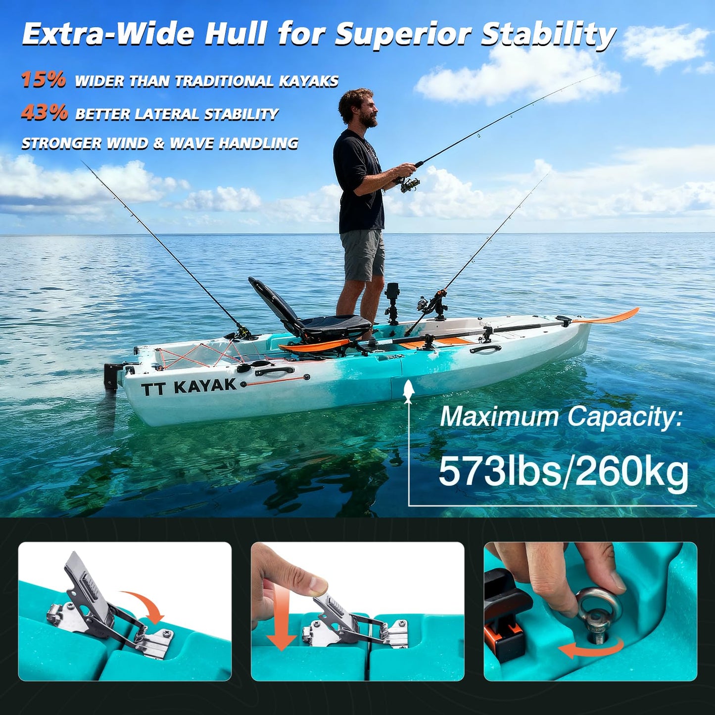Modular Fishing Kayak with Cart & Paddle, 573 lbs Capacity, 110" Sit-on-Top Kayak, 360° Swivel Seat, 2-Piece Portable Design Fits SUV/Pickup/Van, for Ocean, Lake & River (1-Person Kayak)