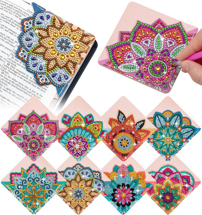 ALKALO 8 PCS Diamond Art Bookmarks, 5D DIY Corner Bookmarks for Adults & Kids, Leather Material for Book Lovers