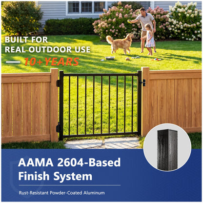 Guwezoy W.4ft x H.36in Aluminum Deck Gate Outdoor, Cuttable Porch Gate Kit with Latch and Auto-Closing Hinge, AAMA 2604–Grade Sand-Texture Black Outdoor Gate for Deck Railing Patios, Porch, Garden