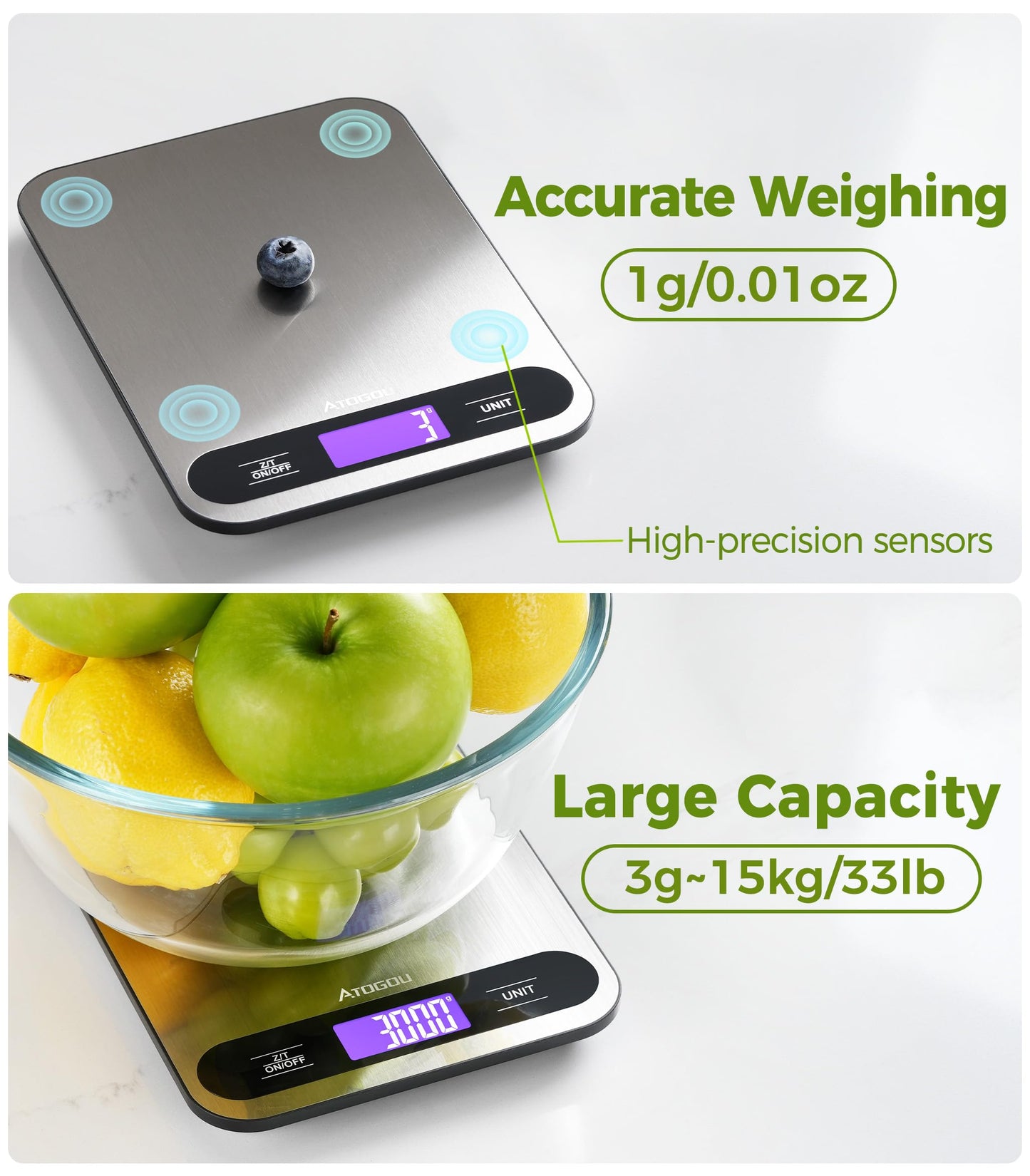 Atogou Food Scale, 33lb/ 15kg Digital Kitchen Scale with Full View LCD Display, Durable Stainless Steel Surface, for Cooking, Baking, Meal Prep Black