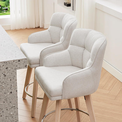 SAECKBERG 360°Swivel Counter Height Bar Stools with Back, 26 inch Solid Wood Legs, Bar Stool Modern Kitchen Island Chairs, Fabric (Beige- Fabric, 26" H- Set of 2)