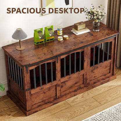 Homiflex Dog Crate Furniture with Barn Sliding Doors, 53" Large Dog Kennel Furniture Indoor with Divider for Medium Large Dogs, Heavy Duty Wooden Dog Cage Decorative TV Stand, Brown