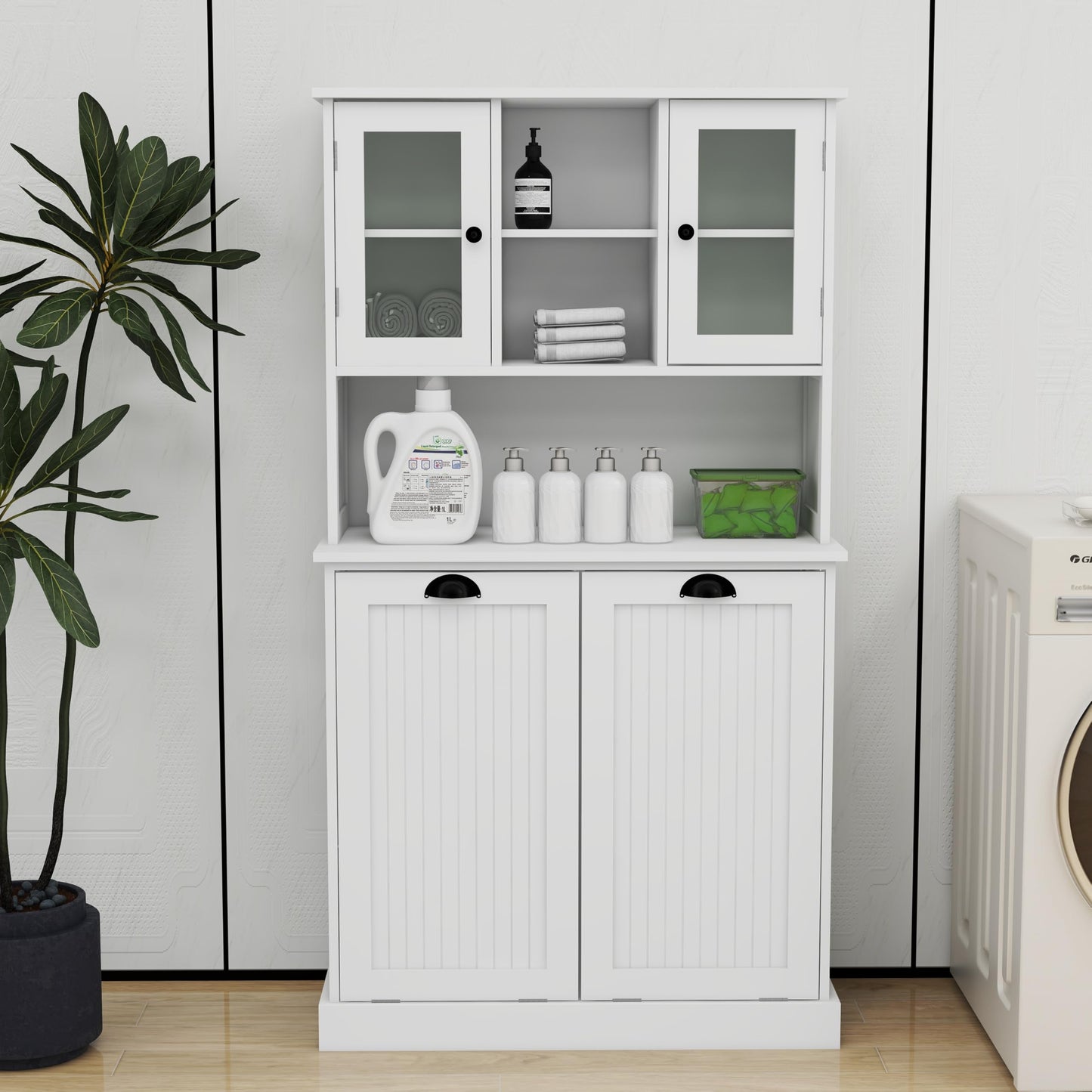 cattino 56.69" Tall Bathroom Laundry Cabinet with 2 Tilt-Out Baskets & 2 Adjustable Shelves - 2 Compartment Dirty Clothes Hamper Storage Organizer, 150 lbs Capacity - White
