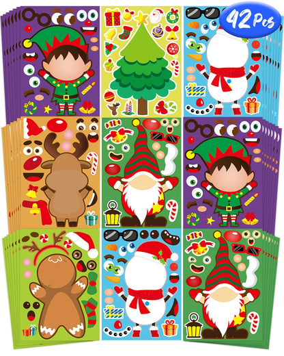 Oomloid 42 Sheets Christmas Party Favor Stickers for Kids, Christmas Goodie Bag Stocking Stuffers Face Stickers, Gifts Games Activities Holiday Sticker Crafts for Kids