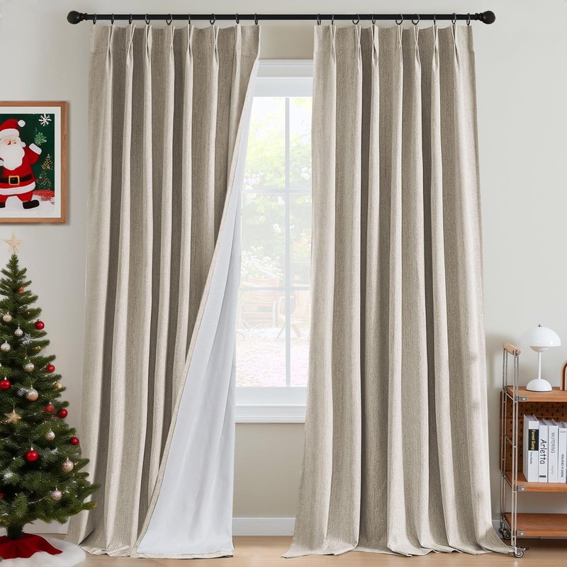 H.VERSAILTEX Pinch Pleated Full Blackout Curtains Linen Blended Chenille Blackout Curtains 84 inch Length 2 Panels Bedroom Thermal Insulated Farmhouse Neutral Track Drapes with Hooks, Heather Natural