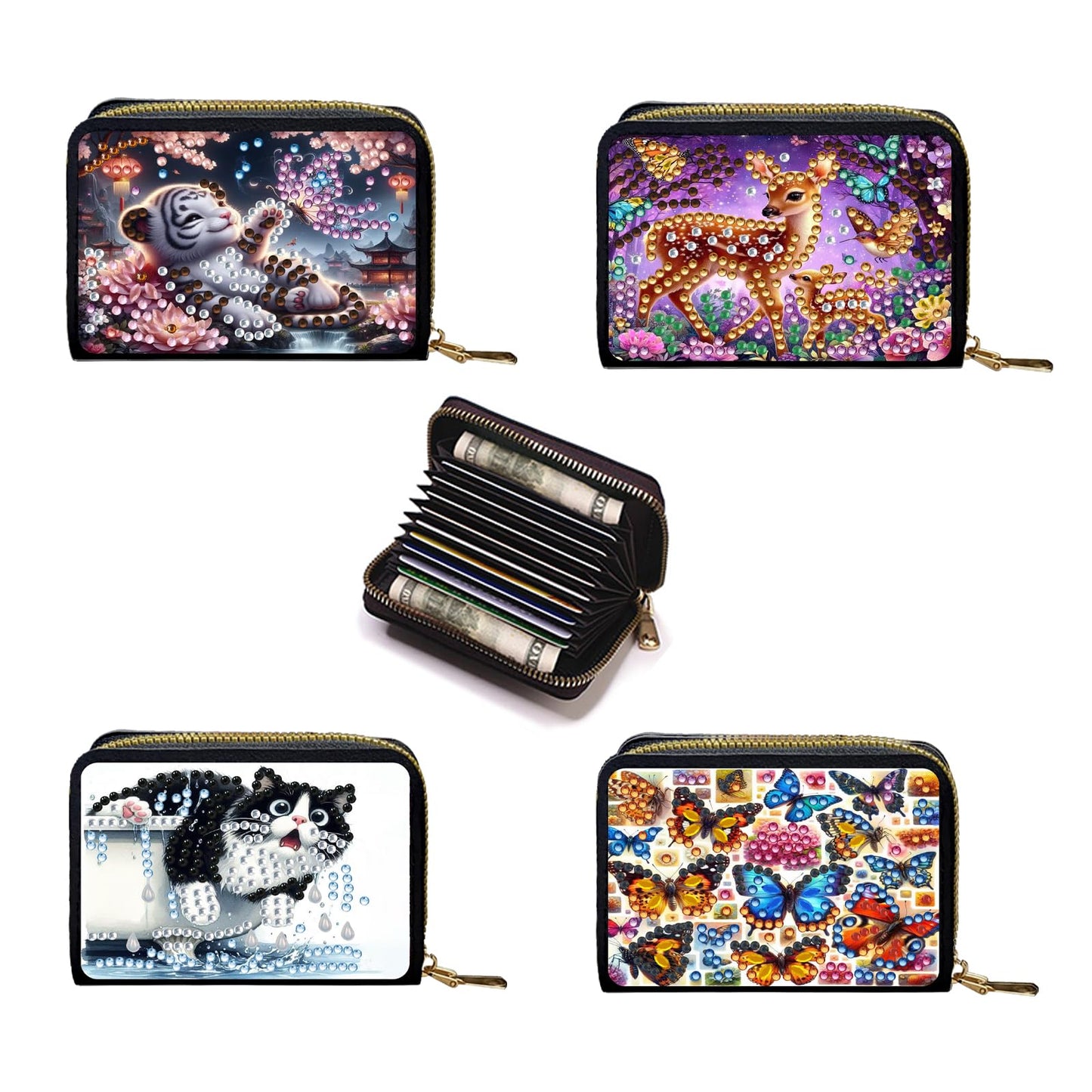 4pcs Butterflies Animals Pattern Diamond Art Painting Minimalist Wallet DIY Rhinestone Painting Art Kit Credits card Pocket Organizer Storage Bag Handmade Craft Gift for Holidays and Everyday Use