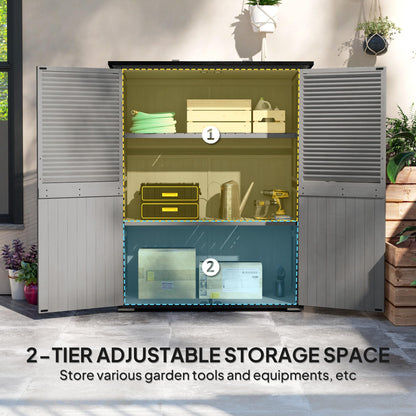 Outsunny Outdoor Storage Cabinet, Wood Garden Tool Shed with Lock, Steel Frame and Asphalt Roof, Garden Storage Shed with Adjustable Shelves and Feet for Patio Backyard Lawn, Gray