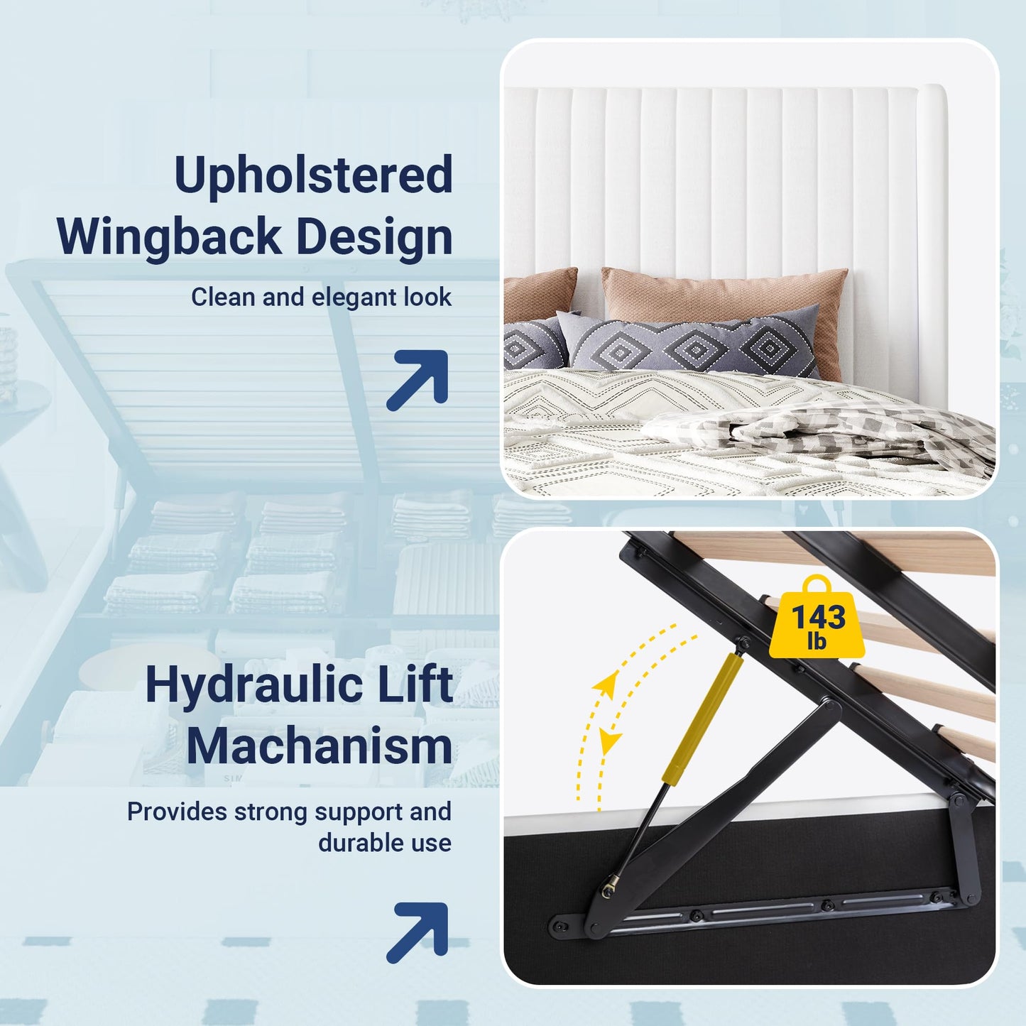 Allewie King Size Lift Up Storage Bed Frame, Hydraulic Support System, Upholstered Platform Bed Frame, Underneath Storage, Vertical Channel Tufted Headboard with Wingback, No Box Spring Needed, White