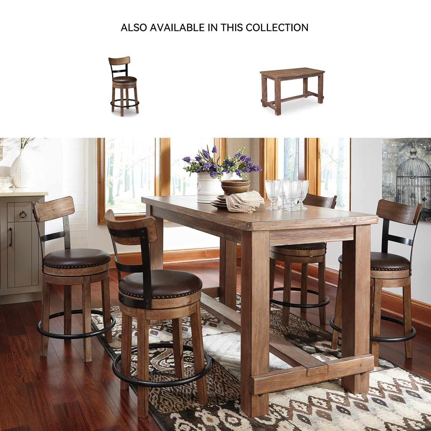 Signature Design by Ashley Pinnadel Bar Stool, Swivel Counter Height Stool Chair With Faux Leather Seat, Wood and Metal Frame for Kitchen Island With Seating, Light Brown