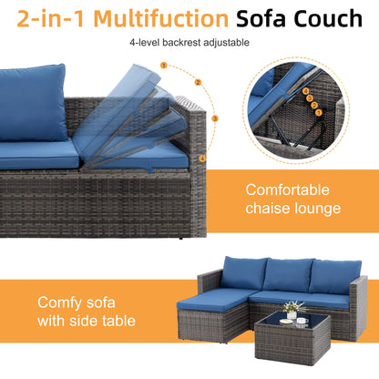 Shintenchi 4 Pieces Patio Furniture Sets, Outdoor Sofa Patio Sectional Sets All Weather, 2-in-1 Wicker Rattan Seating Sofa Couch with Cushions & Coffee Table for Yard, Garden, Porch, Poolside (Blue)