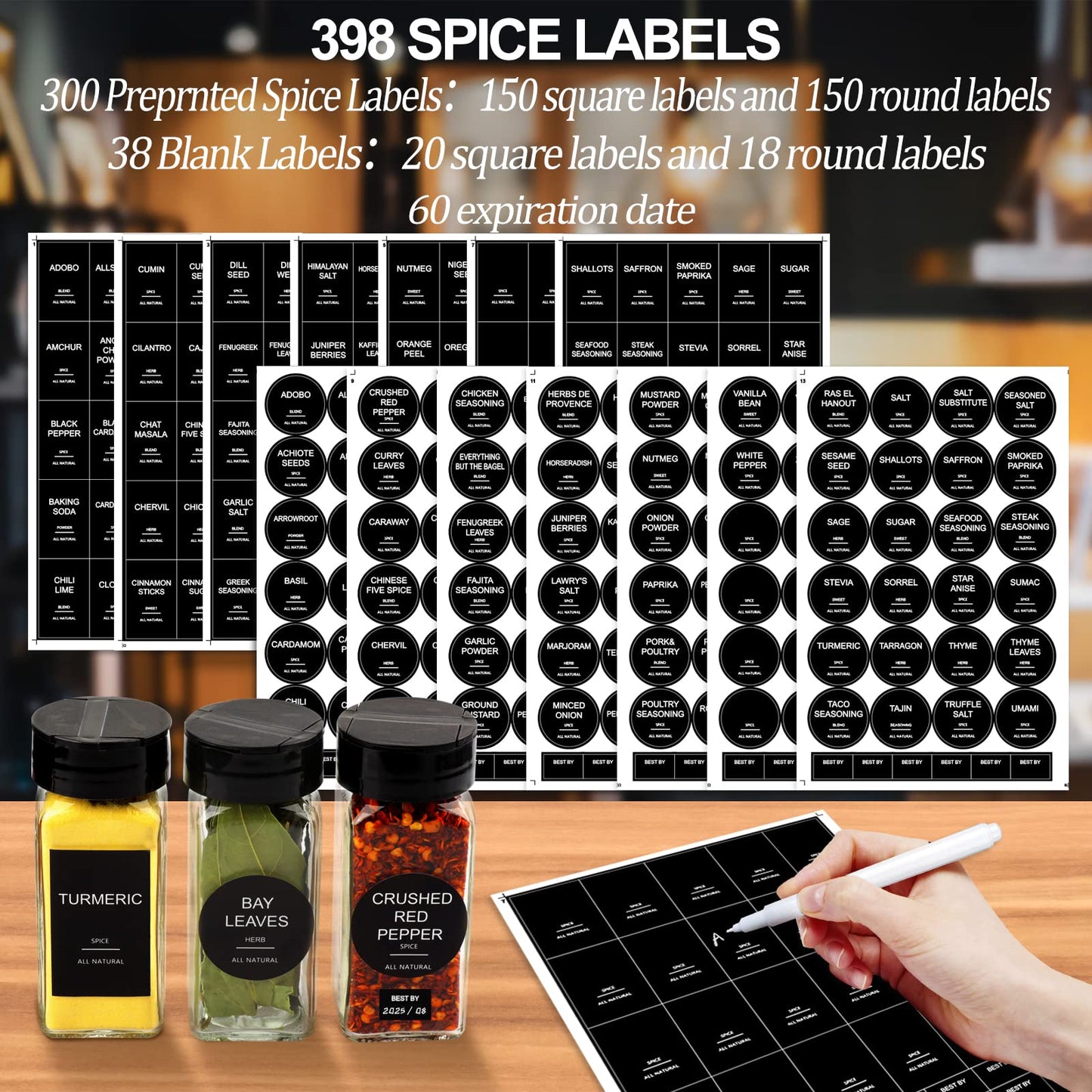 AISIPRIN 24 Pcs Glass Spice Jars with 398 Labels, 4oz Empty Square Spice Containers Seasoning Bottles - Shaker Lids, Funnel, Brush and Marker Included(Black Metal Caps)