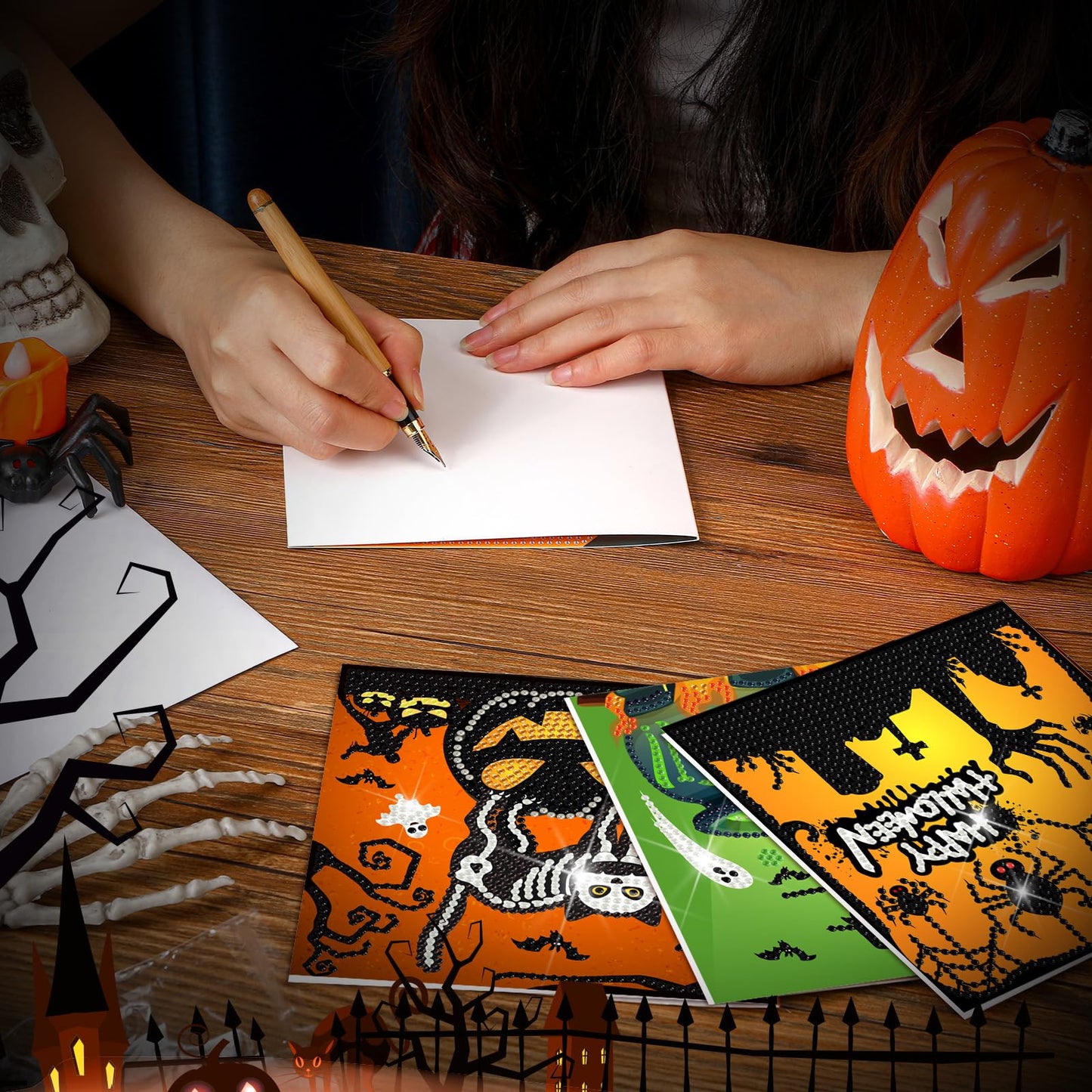 Saillong 12 Pack Halloween Diamond Painting Greeting Card Kits DIY Diamond Art Cards with Envelopes Bat Black Cat Pumpkin 5D Rhinestones Painting for Adults DIY Craft Family Friend Halloween Gifts