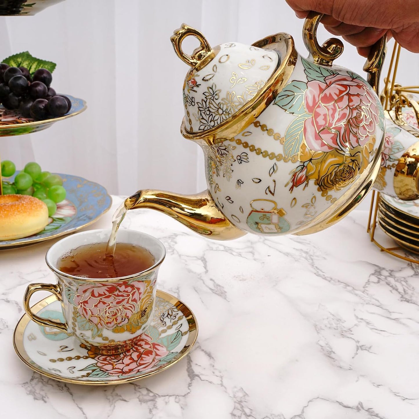 TEASFUSION 20 Set Set, Set Pieces European Vintage Ceramic Tea with Metal Cup Holder, Adult Tea Women's Afternoon Tea