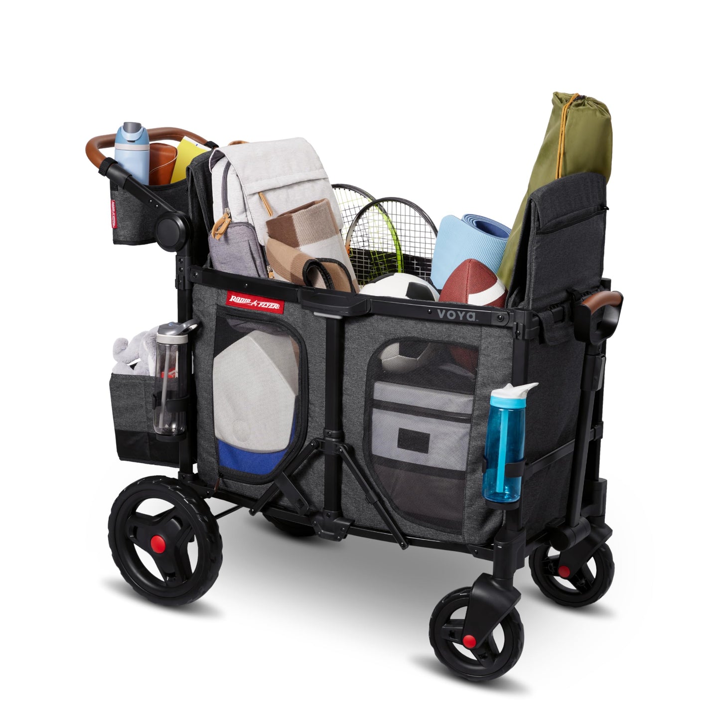 Radio Flyer Voya Stroller Wagon, for Ages 6+ Months, Extra Tall Sides, Push or Pull, 2 Seats, Dual Sun Canopies, Compact Fold, Lightweight, Storage Space, 5-Point Harnesses, Stroller Wagon for Kids