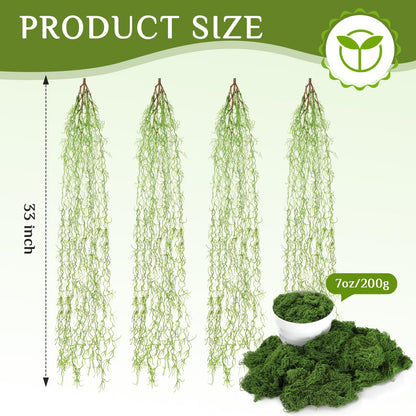 Acellegic 4 Pcs 33 Inch Fake Spanish Moss with 7 oz Artificial Green Moss for Potted Plants Indoor Hanging Garland Greenery Faux Vines Plants Faux Seaweed Greenery for Crafts DIY Garden Home Decor