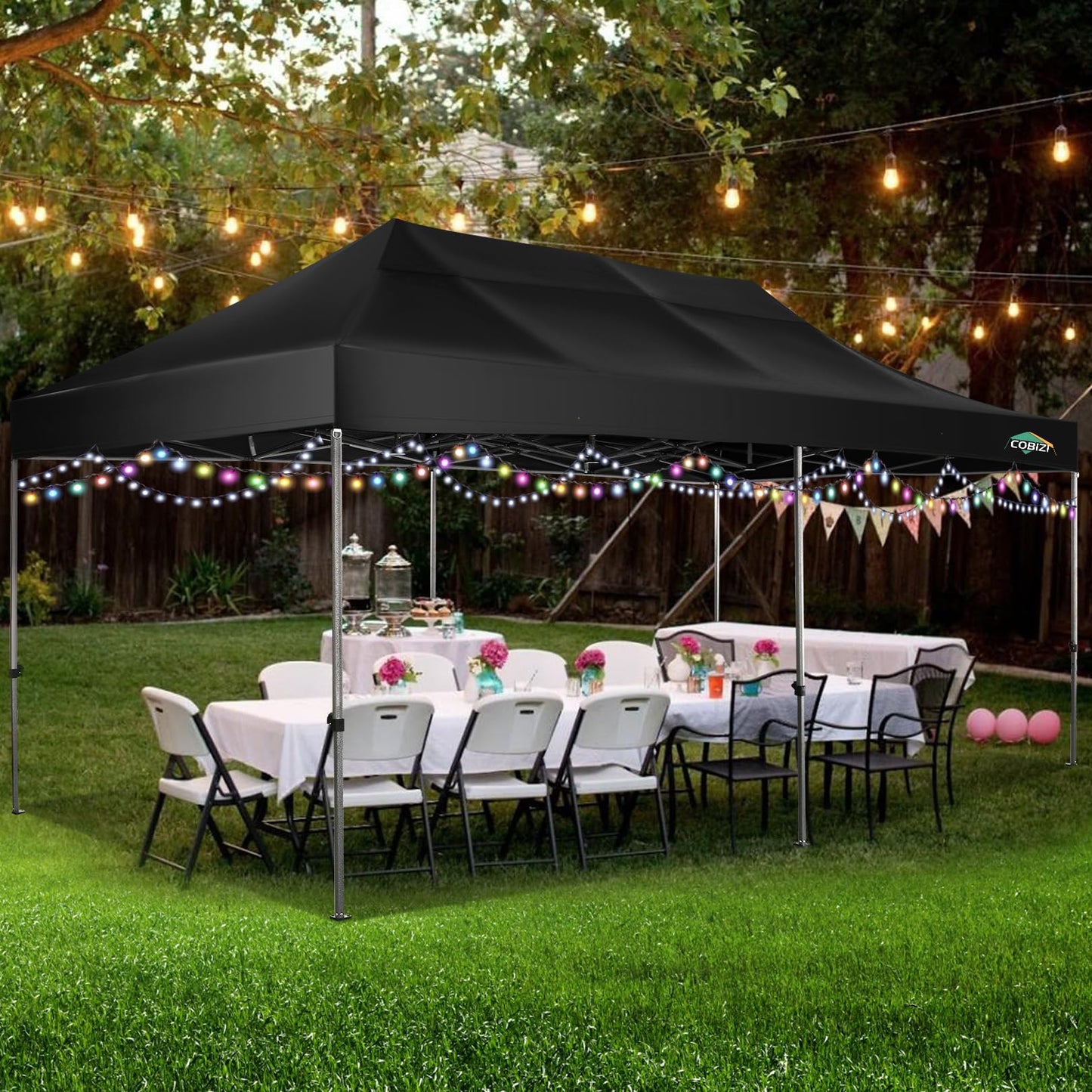COBIZI 10x20 Heavy Duty Pop up Canopy Tent with 6 sidewalls Easy Up Commercial Outdoor Wedding Party Tents for Parties All Season Wind & Waterproof Gazebo Roller Bag, Black(Frame Thickened)