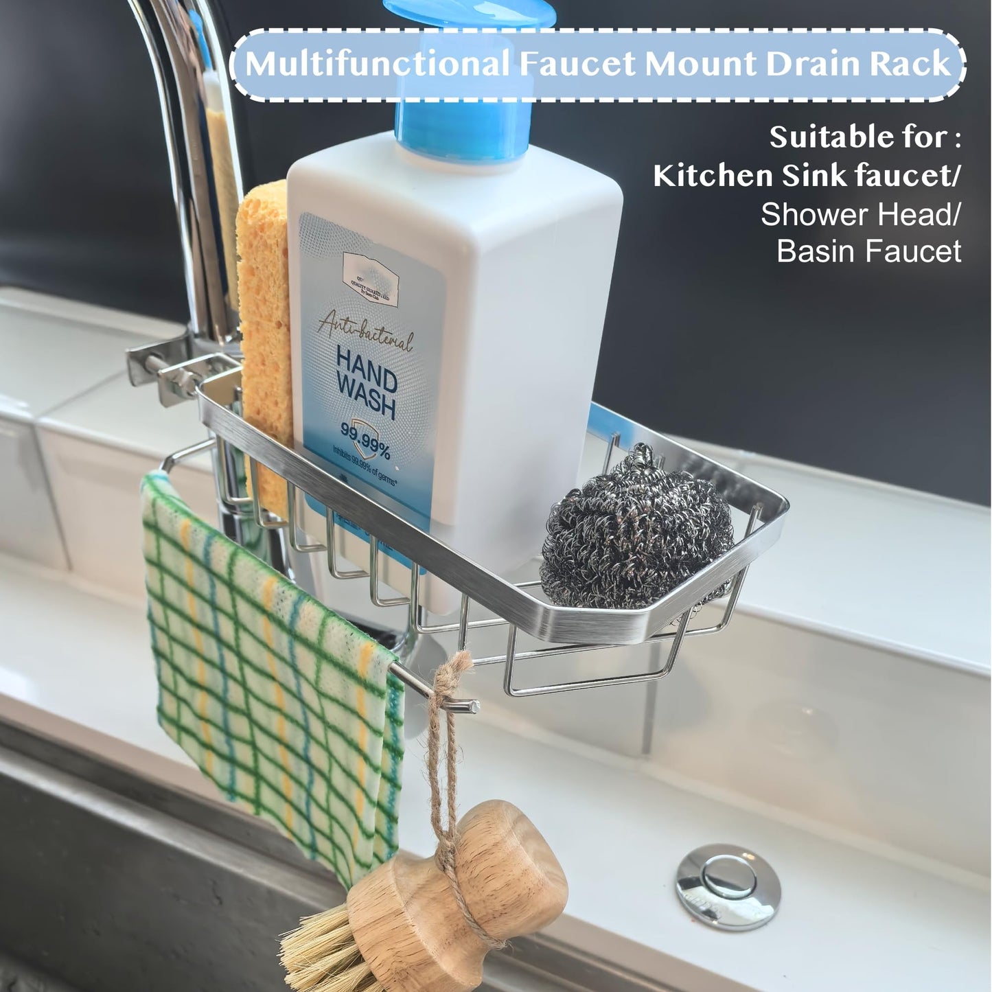 OSOVGO Sponge Holder for Kitchen Sink, Kitchen Organizer, 304 Stainless Steel Cleaning Supplies Organizer, Sink Brush Holder, Sink Organizer, Hanging Organizer (ROUND RIGHT)