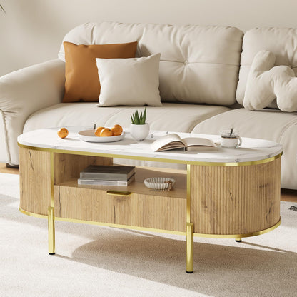 Modern Luxury Oval Coffee Table with Drawer, 48" Fluted Coffee Table with Faux Marble Top, Curved Profile Design, Gold Metal Decor, Center Table for Living Room- Natural Oak