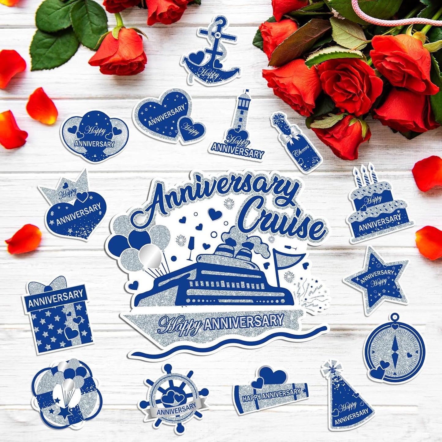 Happy Anniversary Cruise Door Magnets, Blue Silver Magnetic Decorations for Wedding Party, Refrigerator Decor