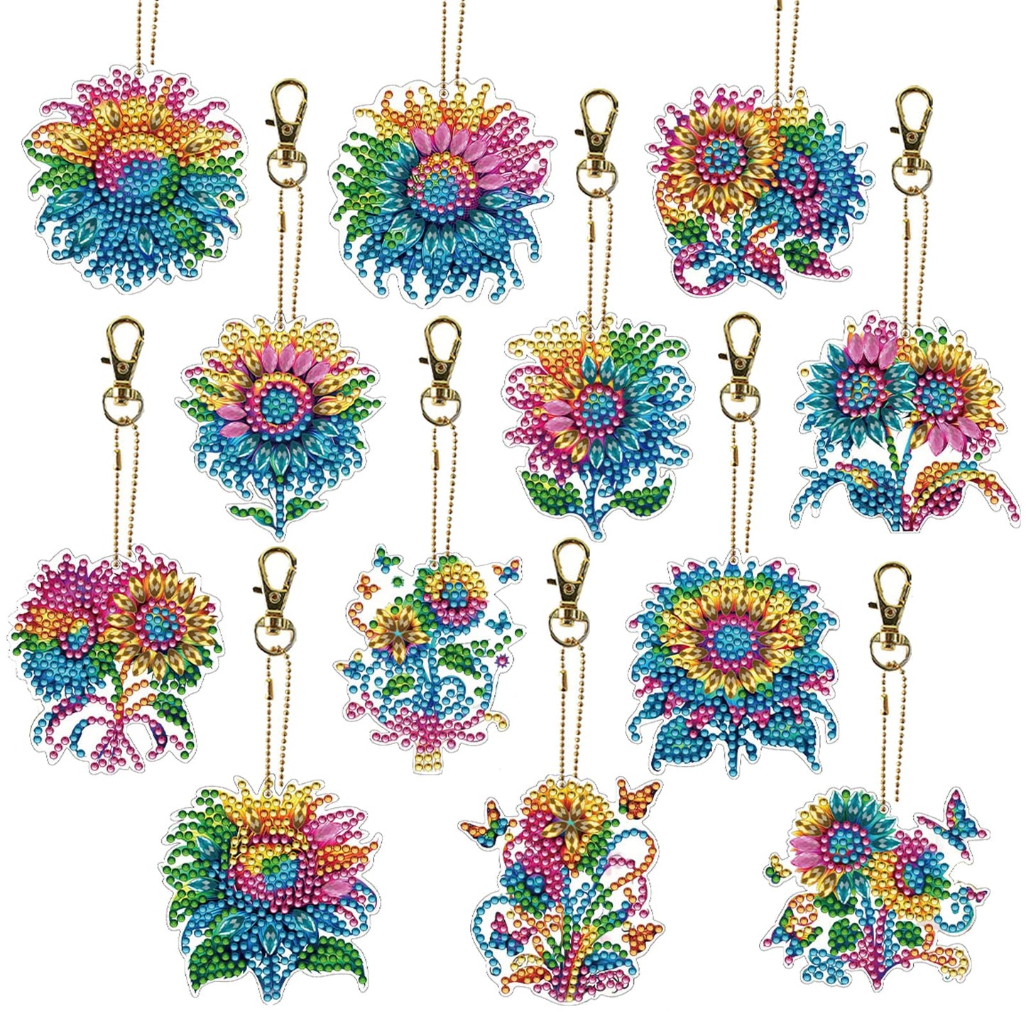 C'eitura 12-Pack DIY Colorful Sunflower Diamond Art Keychain Kits, Cute Keychains for Bags, Keys, Backpacks, Sparkling Art & Craft Gifts for Kids, Teens, Adults