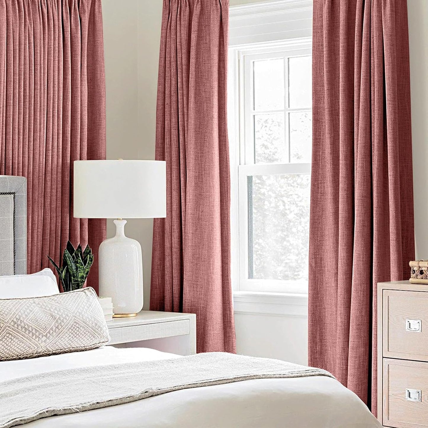 MIULEE 100% Blackout Linen Textured Curtains - Thermal Insulated Dusty Rose Drapes | 52 x 90 Inch (2 Panels)