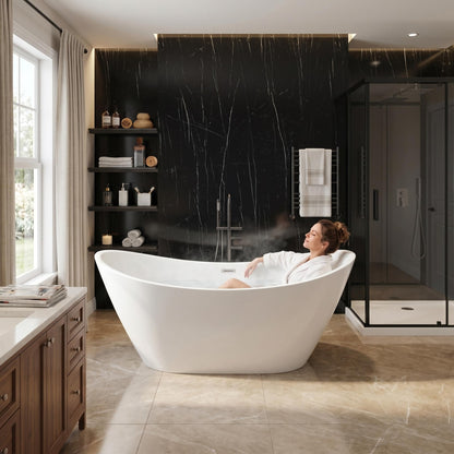 67" Acrylic Freestanding Bathtub, Deep Soaking Tub with Non-Slip Surface, Modern Free Standing Bath Tub, Chrome Drain, CUPC Certified, Easy Install, Space-Saving Bathtub for Bathrooms, White