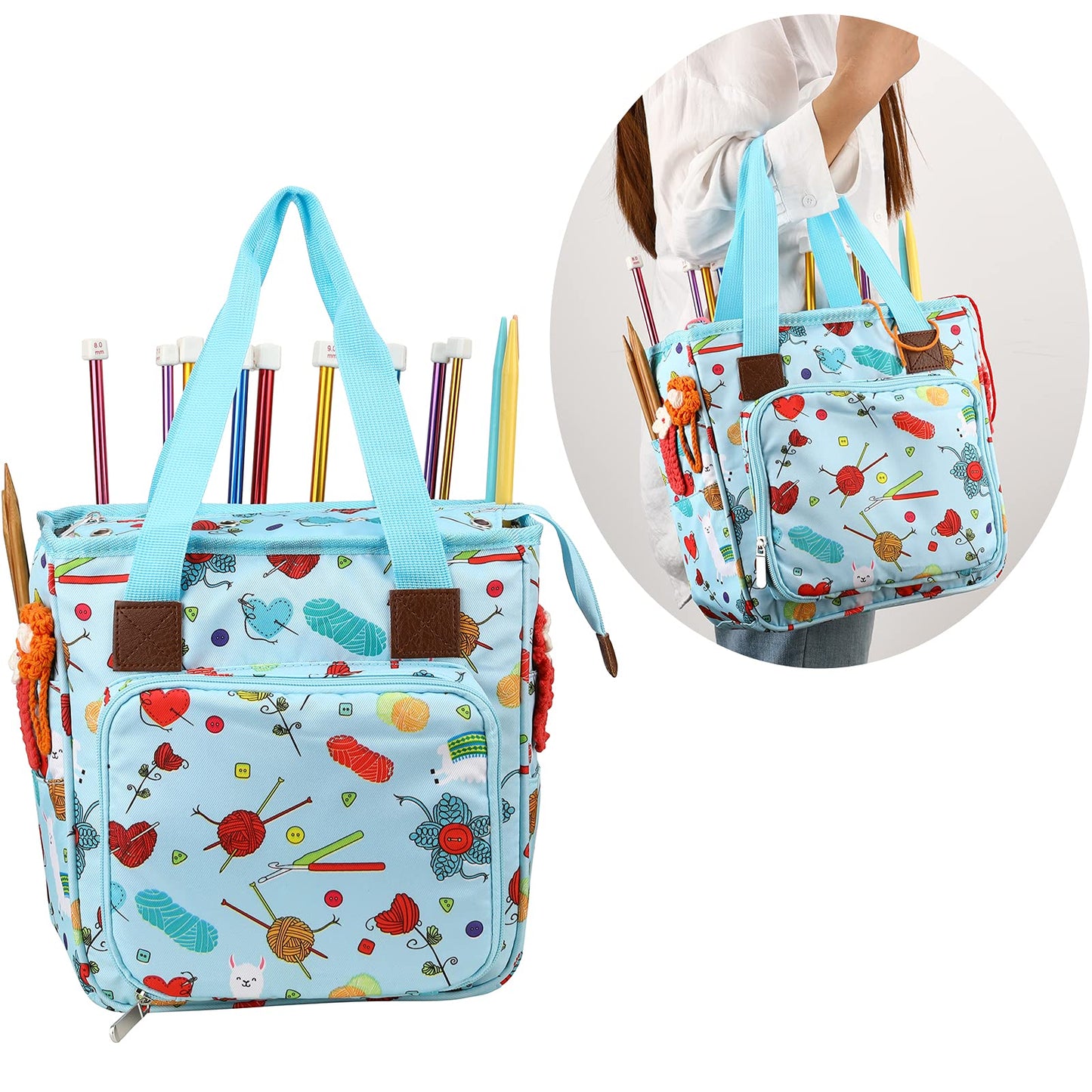 LOOEN Yarn Knitting Storage Tote-Large Capacity Crochet Organizer Portable Travel Bag with Shoulder Strap Crochet Hooks Case for Unfinished Bulk Project