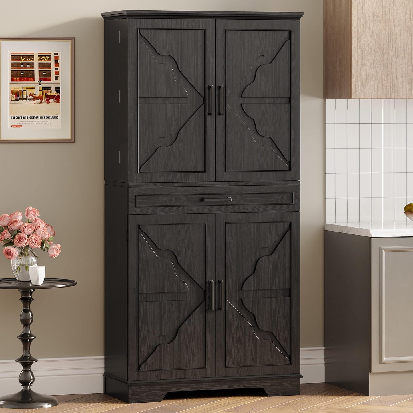 IRONCK Farmhouse Kitchen Pantry Cabinet, 72" Height Tall Freestanding Cupboard with Sliding Storage Rack and 6 Hanging Shelves for Kitchen, Dining Room, Black